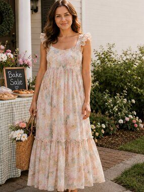 Anthropologie By The River Watercolor Floral Chiffon Midi Dress Cream M Ruffled